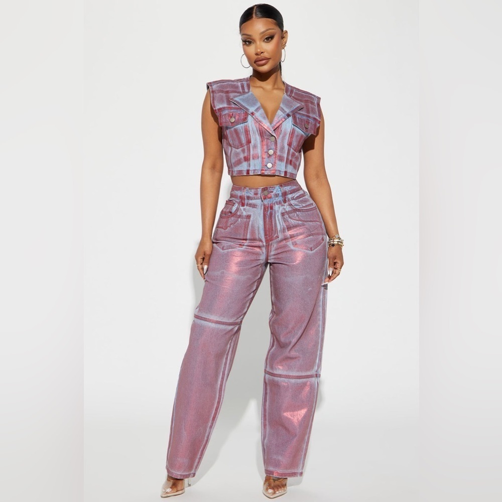 Fashion Nova Red Metallic Denim Vest